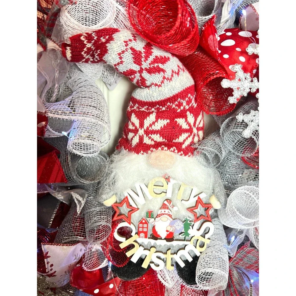 Handmade Christmas Gnome Holiday Ribbon Door Wreath 22 ins LED W39